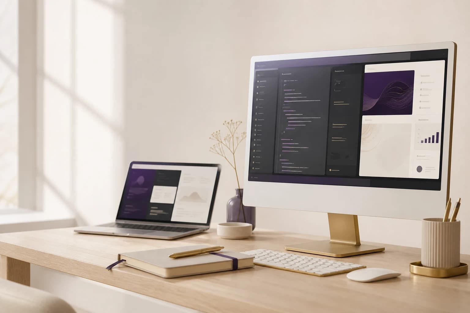 A bright software-development workspace with computer screens displaying software interfaces
